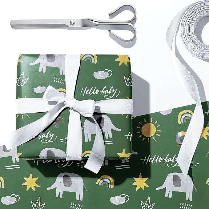 WRAPAHOLIC Kraft Baby Shower Wrapping Paper - Mini Roll - 3 Rolls - 17 Inch x 120 Inch - Jungle Animal Wrapping Ppaer for Neutral Baby Shower, Kids Boys Girls Birthday
