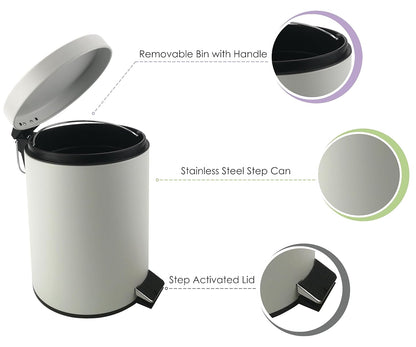 Stainless Steel Small Trash Can with Lid & Step Pedal - 5 Liters/1.3 Gallon Soft Close Waste Basket with Removeable Inner Bucket - Garbage Can for Bathroom, Bedroom, Kitchen & Office (White)