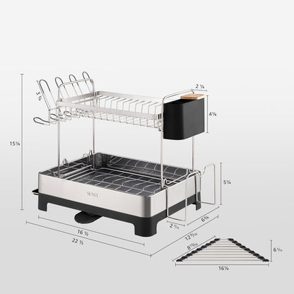 SUNLY 2 Tier Dish Drying Rack, Extra Large Dish Rack, Multifunctional Large Dish Drainers for Kitchen Counter, 304 Stainless Steel Kitchen Drying Rack, Bowl Drying Rack, Extendable Drain Spout, Black