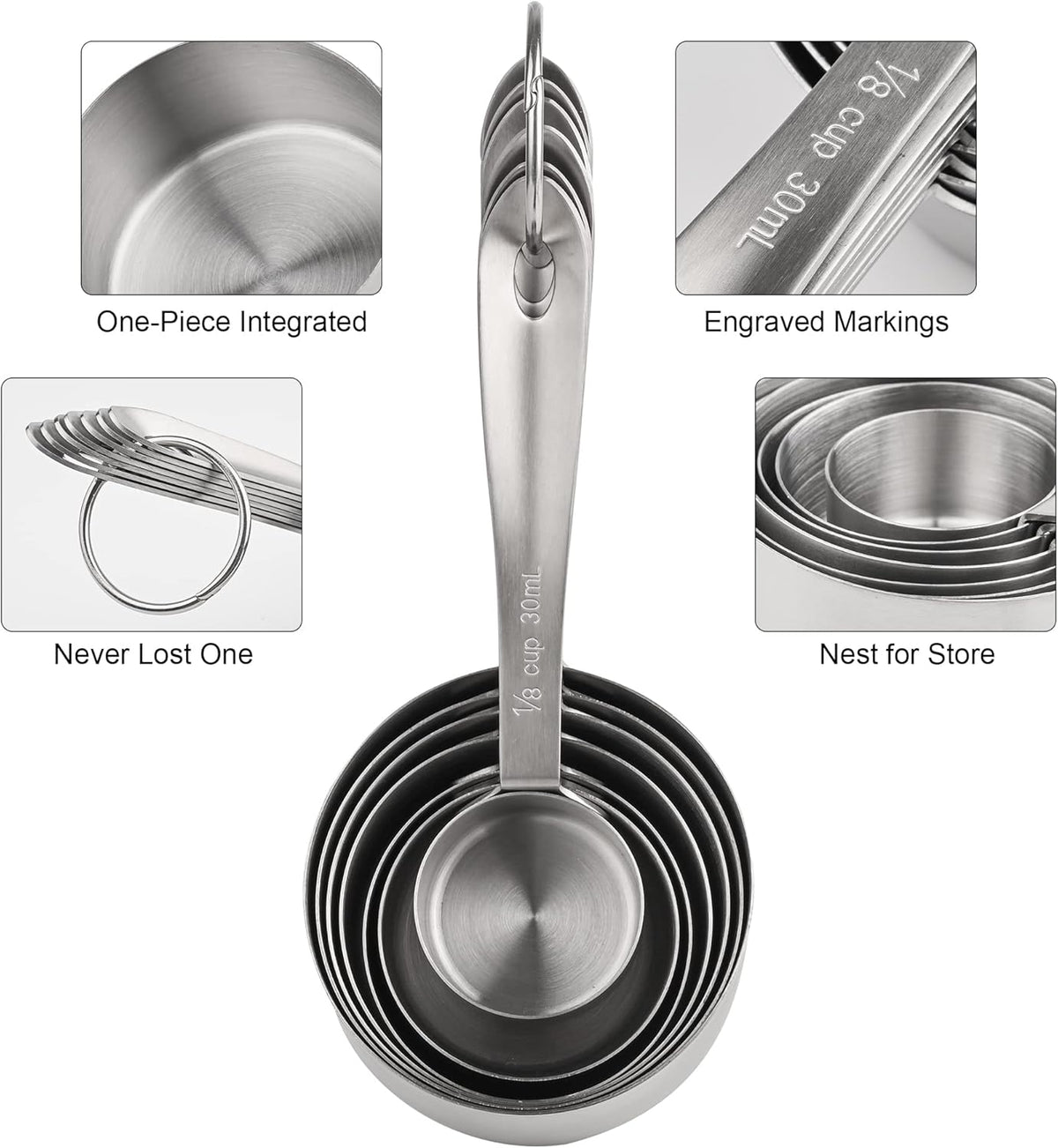 Stainless Steel Measuring Cups - 7 Piece Set, Metric & US, Includes 2/3 & 3/4 Measure Cups