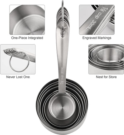 Stainless Steel Measuring Cups - 7 Piece Set, Metric & US, Includes 2/3 & 3/4 Measure Cups