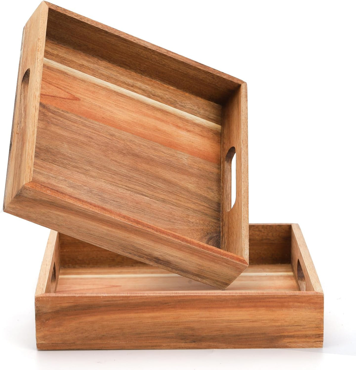 Youeon Set of 2 Acacia Wood Serving Tray with Handles, 10x10x2 Inch Decorative Serving Trays for Food, Ottoman Tray