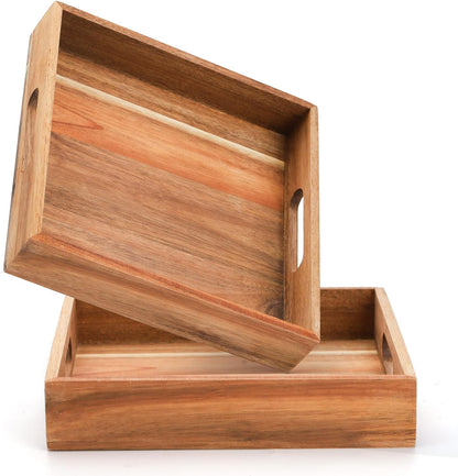 Youeon Set of 2 Acacia Wood Serving Tray with Handles, 10x10x2 Inch Decorative Serving Trays for Food, Ottoman Tray