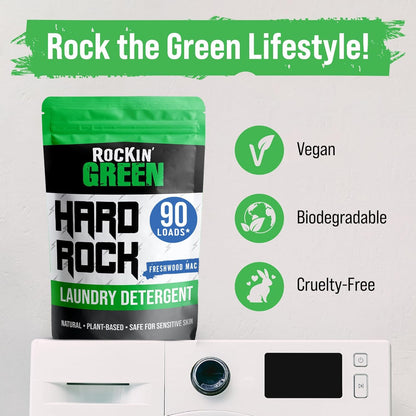 Rockin' Green Hard Rock Laundry Detergent for Hard Water (90 Loads), Plant based, Natural Laundry Detergent Powder, Biodegradable Odor Fighter, Safe for Sensitive Skin, 45 oz (Freshwood Mac)