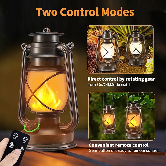Battery-Powered 2 Modes Lighting LED Vintage Lanterns Decorative Outdoor & Indoor, 2 Pack Bronze Lights with Dancing Flame, Waterproof Remote Control Retro Lanterns Decor for Room,Garden,Porch