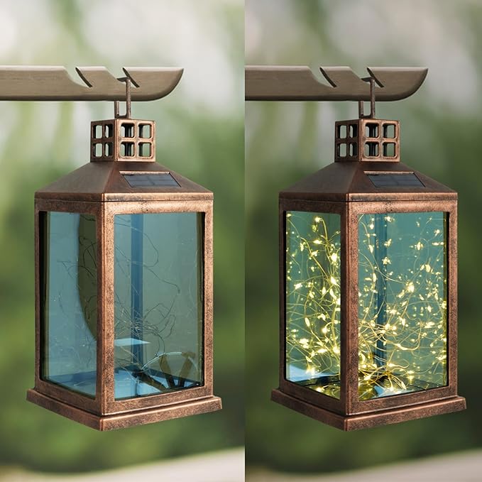Solar Lantern Outdoor, Garden Hanging Lantern Solar Powered - Glass Waterproof Brushed Copper Solar Table Lantern Decorative Lights Flash and Steady-on Modes for Patio, Backyard, Garden