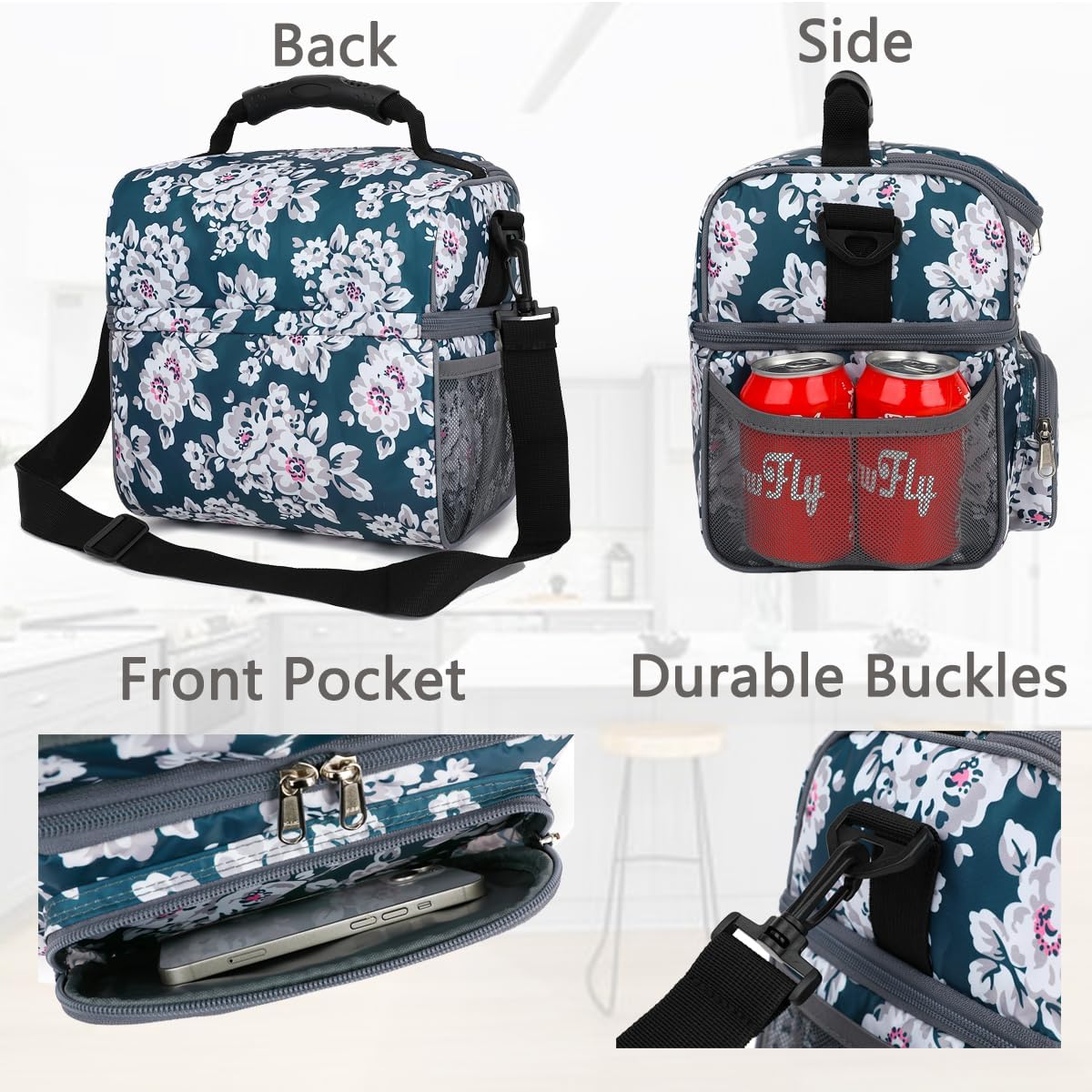 FlowFly Double Layer Cooler Insulated Lunch Bag Adult Lunch Box Large Tote Bag for Men, Women, With Adjustable Strap,Front Pocket and Dual Large Mesh Side Pockets