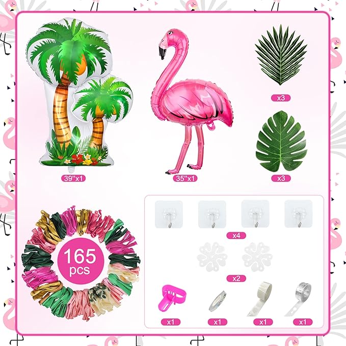 Amandir 165Pcs Flamingo Tropical Balloon Arch Garland Kit, Hot Pink Green Gold Foil Coconut Flamingo Balloons with Palm Leaves for Hawaiian Luau Aloha Summer Beach Tropical Birthday Party Decorations