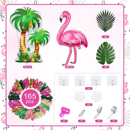 Amandir 165Pcs Flamingo Tropical Balloon Arch Garland Kit, Hot Pink Green Gold Foil Coconut Flamingo Balloons with Palm Leaves for Hawaiian Luau Aloha Summer Beach Tropical Birthday Party Decorations
