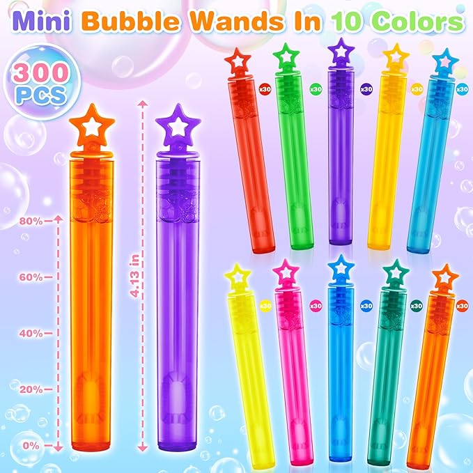 300 Pcs Mini Bubble Wands for Kids, Bulk Bubble Wands in 10 Colors, Kids Party Favor, Themed Birthday, Christmas, Goodies Bags, Wedding, Carnival Prizes Toys, Bubble Summer Outdoor Gifts for Kids