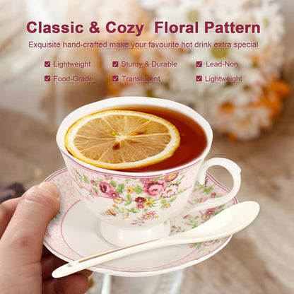 Cup and Saucer Sets of 2 with Spoon, 8oz Large Tea/Coffee Cups and Saucers New Bone China Floral Vintage Cup & Saucer Sets Porcelain Tea Latte Mugs