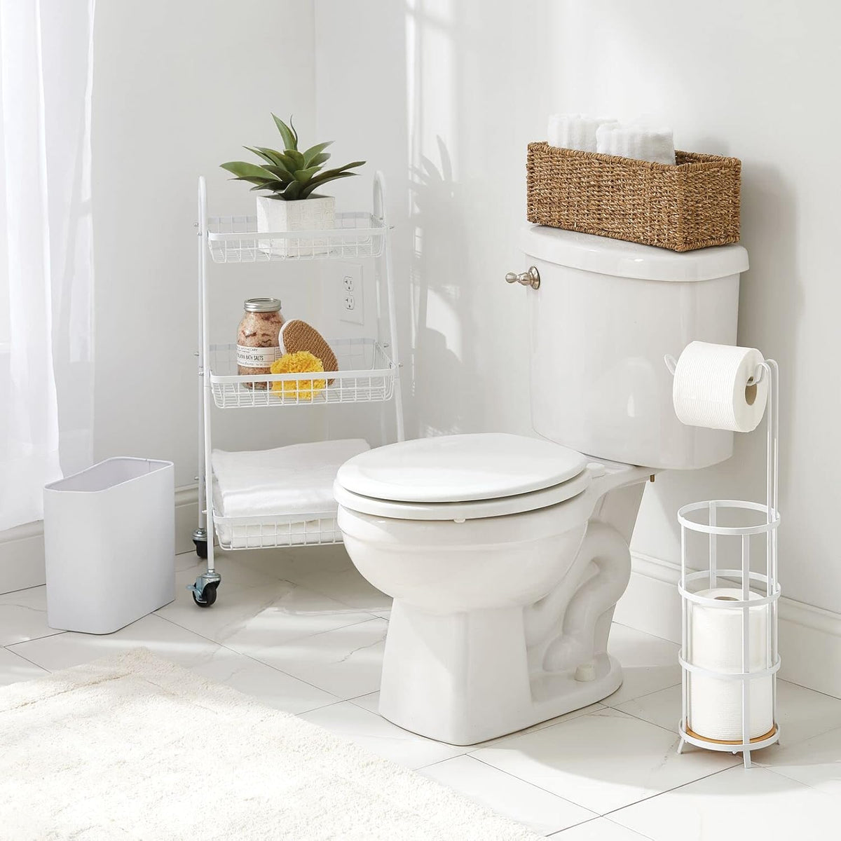 mDesign Metal Wastepaper Bin — Compact Rectangular Bathroom Bin — Rubbish Basket for Home and Office — White