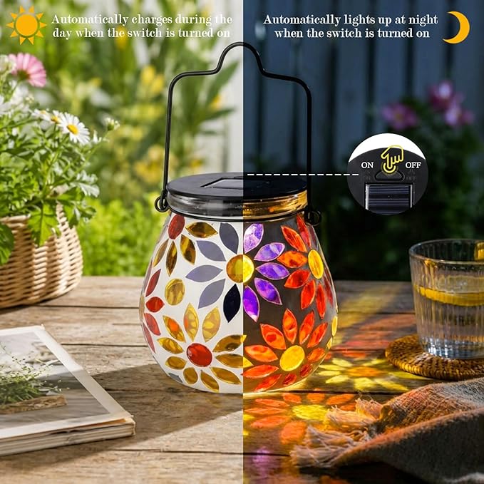 Afirst Mosaic Solar Lanterns Outdoor - Glass Hanging Solar Lights Hollow Out Waterproof Table Lamp Outdoor Decorative for Garden, Patio, Holiday Party Outdoor Decoration