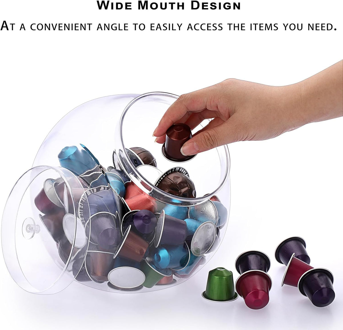 Elldoo Clear Slanted Plastic Storage Jar with Lid, 80 Oz Wide Mouth Laundry Pods Container, Coffee Pods Holder for Nespresso K Cup