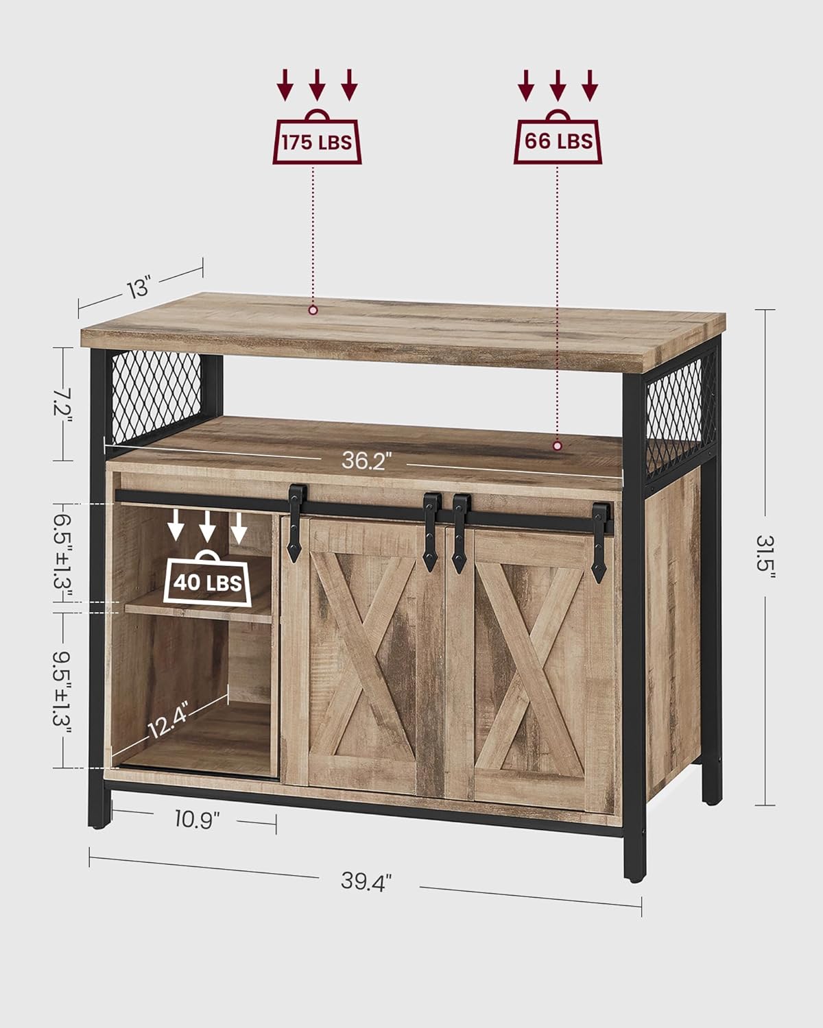 Vasagle Buffet Cabinet, Coffee Bar Storage Cabinet, Sideboard with 2 Sliding Barn Doors, Adjustable Shelves, 13 x 39.4 x 31.5 Inches, for Living Room