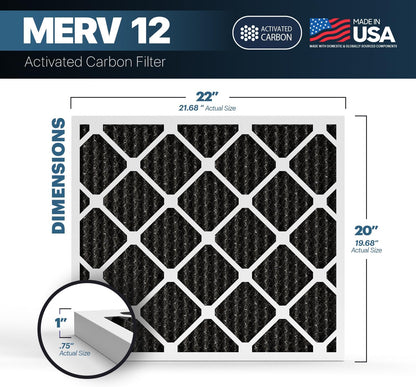 BNX TruFilter 20x22x1 MERV 12 Odor Defense (6-Pack) AC Furnace Air Filter with Activated Carbon - MADE IN USA - Pleated Air Conditioner HVAC AC Furnace Filters - Removes Odor, Mold, Bacteria, Smoke