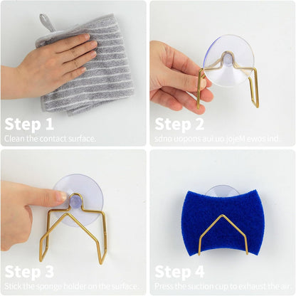 Snailhouse Sponge Holder for Kitchen Sink, 2 Pack Suction Cup Stainless Steel Rustproof Dish Sponge Rack Organizer Holder Basket Accessories, Gold