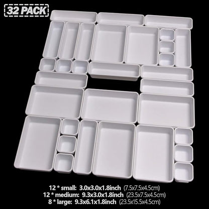 Set of 32 Interlocking Desk Drawer Organizer Tray Dividers Plastic Shallow Narrow Drawers Organizers Separators Storage Bins Container for Kitchen Bathroom Makeup Office Vanity Bedroom Dresser White