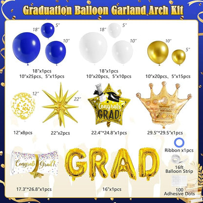 Graduation Balloon Arch Garland Kit Blue White Gold Graduation Decorations 2026 for College High School Class of 2026 Grad Party Prom Decor