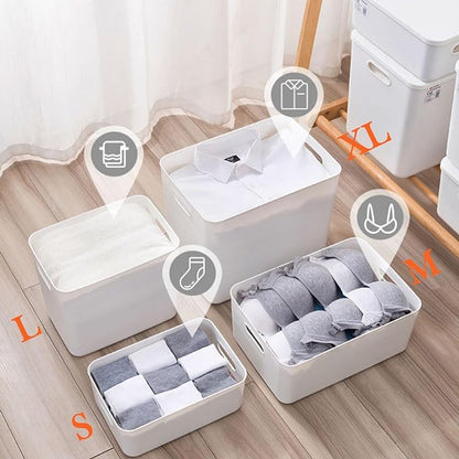 4 pack large plastic White storage bins with Lids, Toy Box Chest with Handle，Organizer Containers Baskets for Baby,Nursery，Shelves，Playroom, Bedroom，Office,Closet，home (White, 4XL)