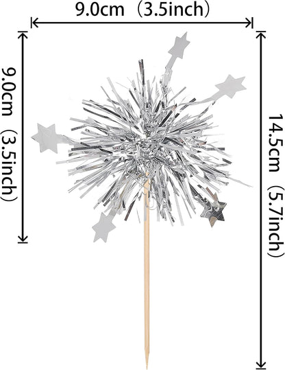 30 PCS Foil Firework Cupcake Toppers Star Cupcake Picks Sparkle Tinsel Flower Drink Stirrers Cocktail Food Fruit Toothpicks for Valentine's Day Birthday Party Cake Decorations Supplies Silver