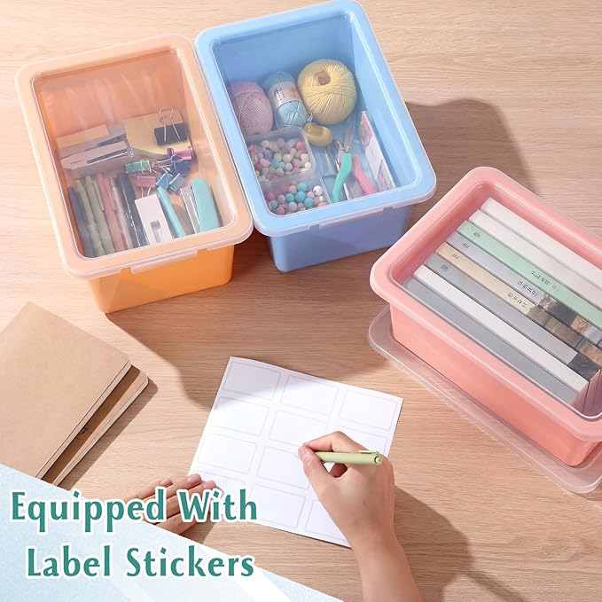 10 Pcs Cubby Bin with Clear Latching Lid Label Sticker Colored Plastic Stackable Book Storage Container for Classroom Office Home Sorting Arts Craft Desk Organizer(Boho)
