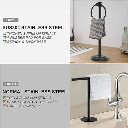 Hoimpro 17 Inch Stand Hand Towel Holder Towel Bar Towel Hanging Ring, Free Standing Floor Hand Towel Rack Storage for Bathroom Kitchen Vanity Countertops, Hardware Accessories(Matte Black)