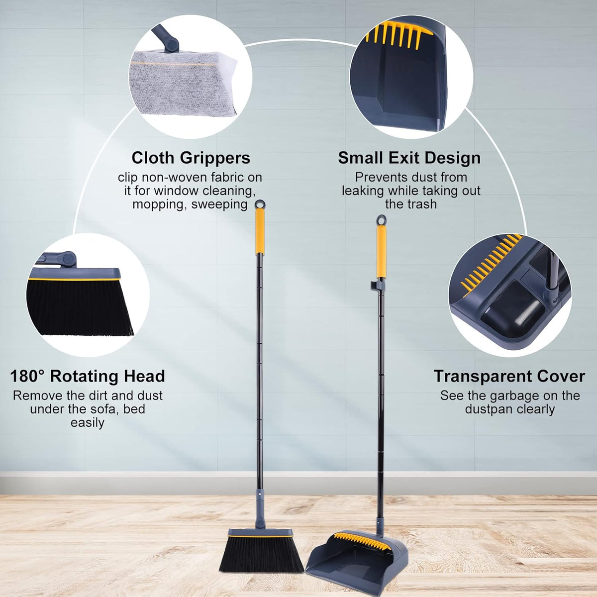 JEHONN Broom and Dustpan Set for Home, 54 Inches Long Handle Lightweight 180 Degree Rotating Indoor Upright Standing Dust Pan with Comb Teeth, Store Sweep Set for Room Kitchen Lobby Office