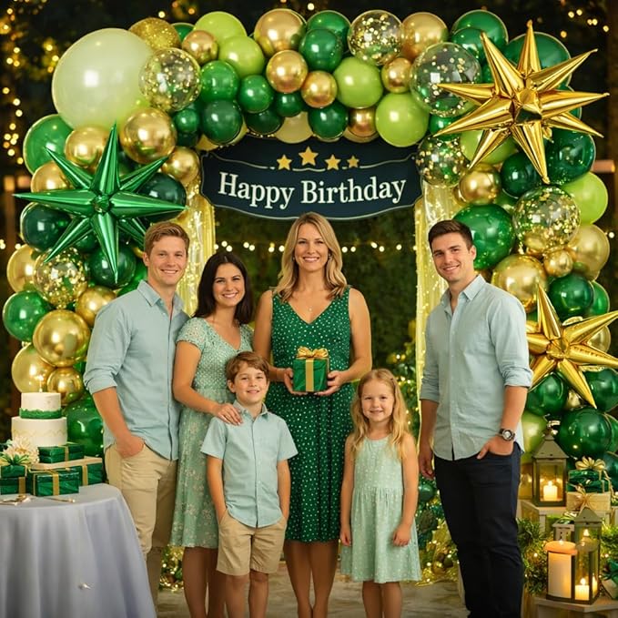 Tesochye 147 PCS Green and Gold Balloon Garland Arch Kit,Dark Green Gold Confetti Balloons with Exploding Star Foil Balloons for Graduation Class of 2026 Anniversary Birthday Jungle Party Decorations