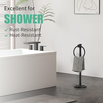 Hoimpro 17 Inch Stand Hand Towel Holder Towel Bar Towel Hanging Ring, Free Standing Floor Hand Towel Rack Storage for Bathroom Kitchen Vanity Countertops, Hardware Accessories(Matte Black)