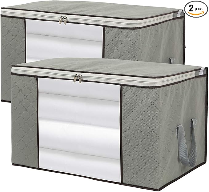 2 Pack Foldable Large Storage Bags 24 x 16 x 14 (L x W x H) inch for Comforter Quilt Blanket Clothes with Clear Window & Handles - Easy to Fit King Size Comforter Set - Closet Under Bed Organizer