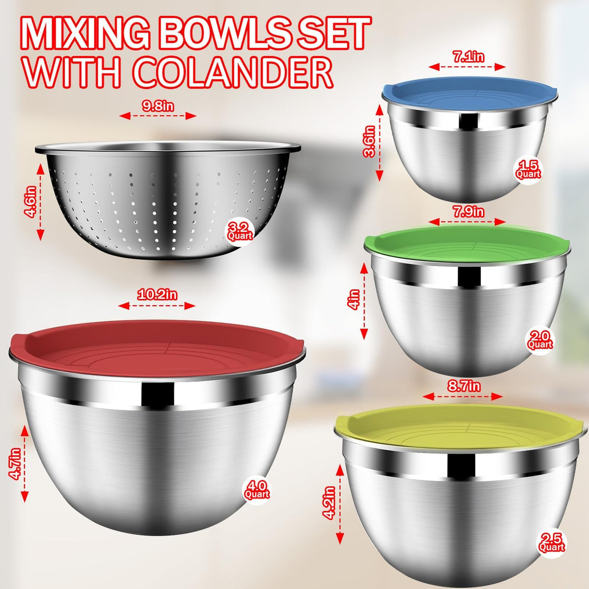 Mixing Bowls with Strainer, Mixing Bowl with Lids Set, Stainless Steel Mixing Bowls