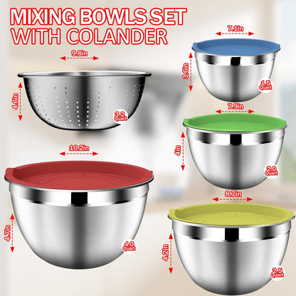 Mixing Bowls with Strainer, Mixing Bowl with Lids Set, Stainless Steel Mixing Bowls