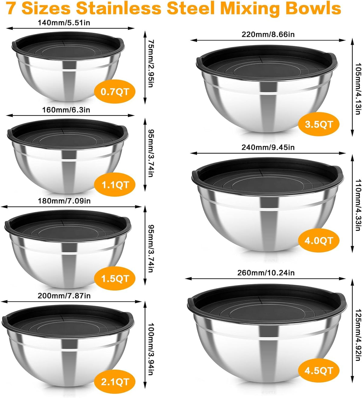 7 Piece Metal Mixing Bowls with Lids Set, Stainless Steel Nesting Design Salad Mixing Bowl Set for Kitchen Cooking, Baking