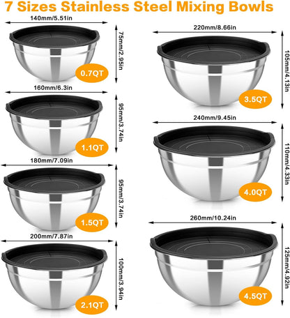 7 Piece Metal Mixing Bowls with Lids Set, Stainless Steel Nesting Design Salad Mixing Bowl Set for Kitchen Cooking, Baking