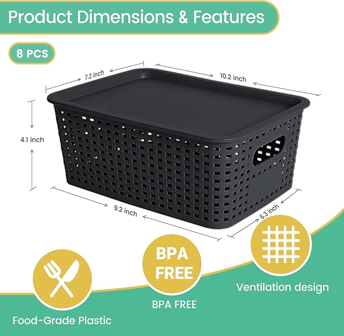 Plastic Storage Baskets with Lid-Plastic Storage Containers Stackable Storage bins: Storage Baskets for Organizing Shelves Drawers Desktop Closet Playroom Classroom Office, 8Pack-Black10.2x7.2x4.1Inch