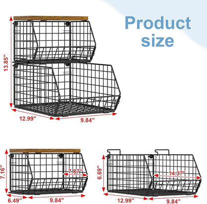 X-cosrack Stackable Wire Baskets for Counter, Fruit and Vegetable Storage, Potato and Onion Storage Bin，Kitchen Pantry Organizer - Wall Basket for Produce/Snack/Can, Large with Wood Top, Black