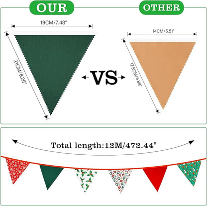 G2PLUS Christmas Triangle Bunting Banner, 39Ft Cotton Pennant Banner, Red and Green Fabric Flags for Holiday, Home and Party Hanging Decorations