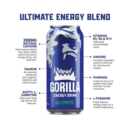 Gorilla Energy Drink, Original 0 Sugar, 200mg Plant-Based Caffeine, 12 Pack