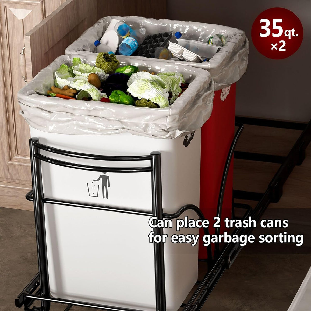 Dual Under Sink Trash Can Heavy Duty Pull Out Trash Can Under Cabinet, Fits 2x35Qt (7-9 Gal) Commercial Trash Cans Cabinet Trash Bin Pull Out Kit Requires ≥ 22''Dx 16''Wx 17''H, No Can (Black)