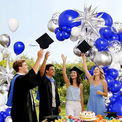 Blue White Silver Balloon Arch Kit, 130Pcs Blue and Silver Graduation Decorations with Foil Star Silver Confetti Balloons for College High School Graduation Decorations Class of 2026