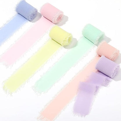 6 Rolls Handmade Fringe Chiffon Silk Ribbon 1.5" x 3 Yd Colorful Ribbon for Wedding Invitations, Bridal Bouquets, Gifts Wrapping, DIY Crafts (Macarons Color Set)