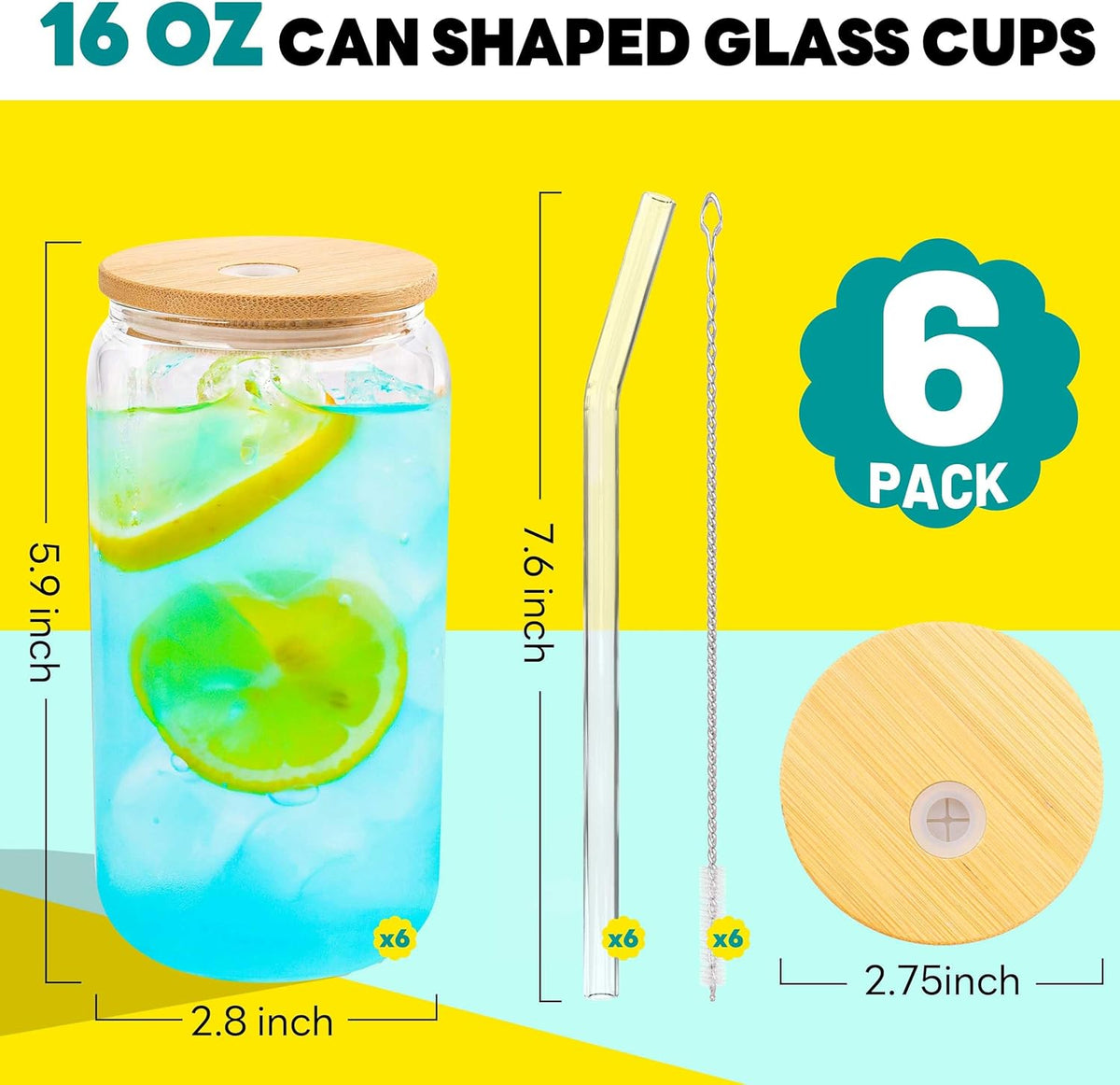 Joyclub Glass Cups with Bamboo Lids and Straws 6 Set 16 oz Reusable Iced Coffee Cup Beer Can Drinking Jars for Smoothie Whiskey Boba Soda Tea Gift