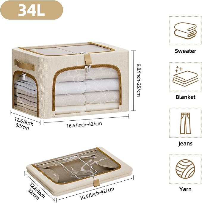 CYhom Clothes Storage Bins with Metal Frame,3 See-Through Windows Openings Clothing Storage Bin,3 Pack Foldable Storage Bins Boxes for Closet (Beige, 34L-16.5 x 12.6 x 9.8IN)