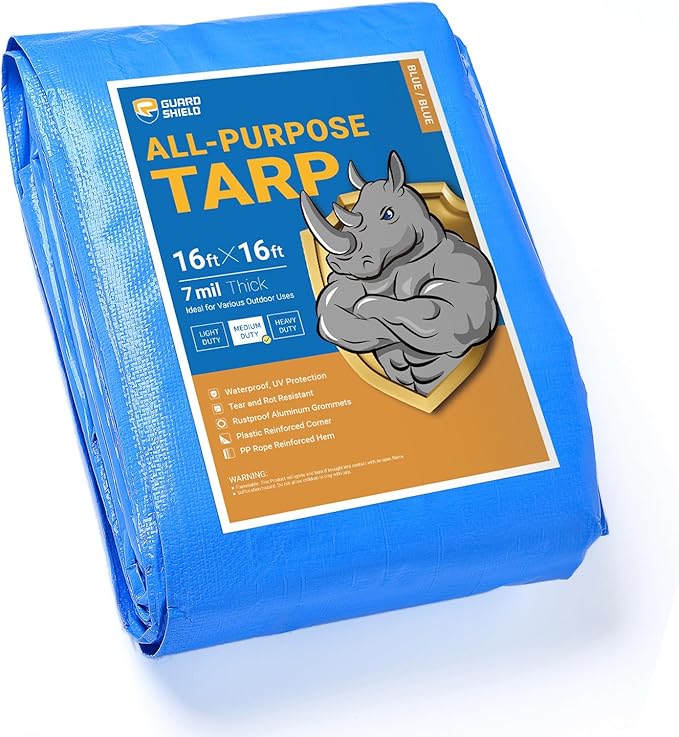 GUARD SHIELD Blue Tarp Waterproof 16x16 Feet Medium Duty All Purpose Poly Tarps Cover 7mil