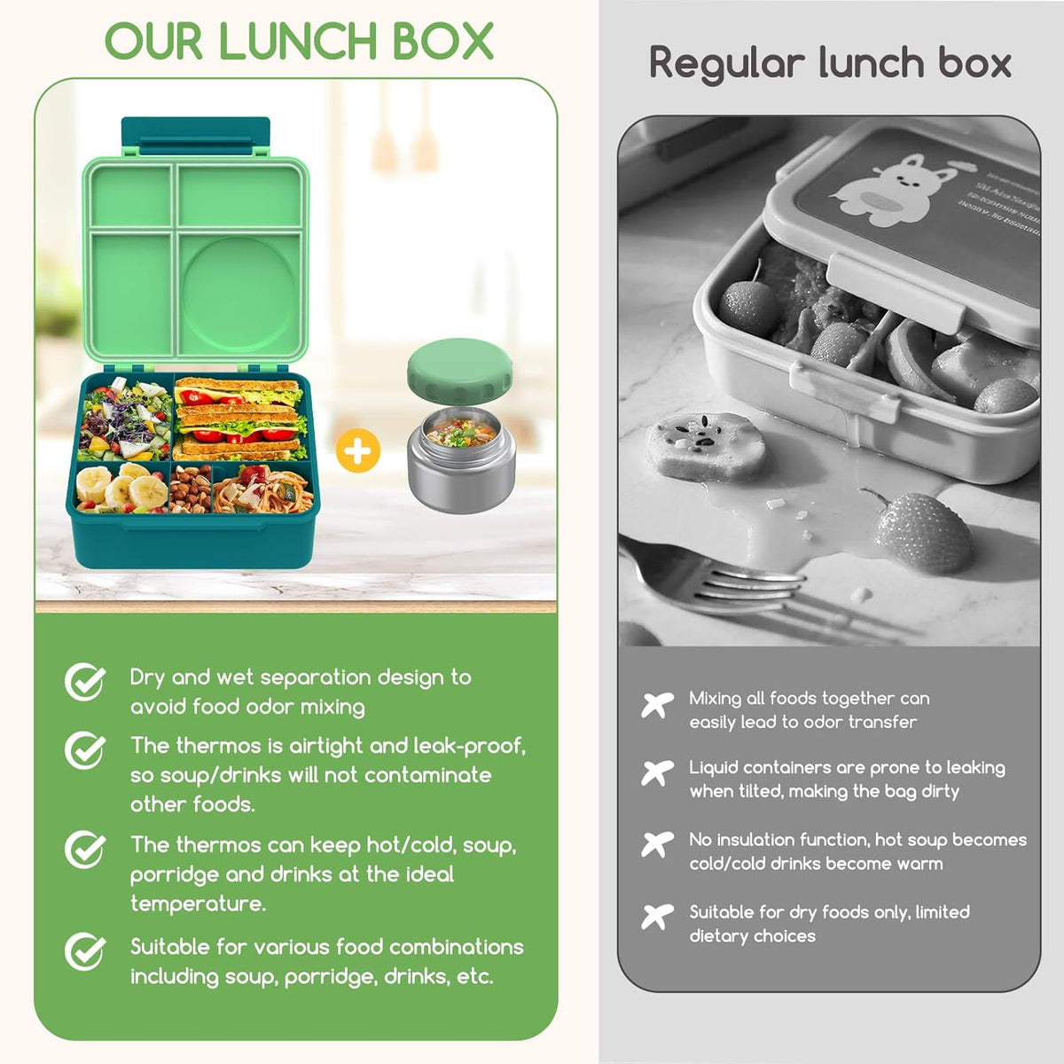 Bento Box for Kids - Leak-Proof Lunch Box with Insulated Thermos Food Jar - 4 Compartments, 1 Removable Divider, 1Spoon, 1 Fork - Dishwasher Safe, BPA-Free (Green)