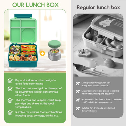 Bento Box for Kids - Leak-Proof Lunch Box with Insulated Thermos Food Jar - 4 Compartments, 1 Removable Divider, 1Spoon, 1 Fork - Dishwasher Safe, BPA-Free (Green)