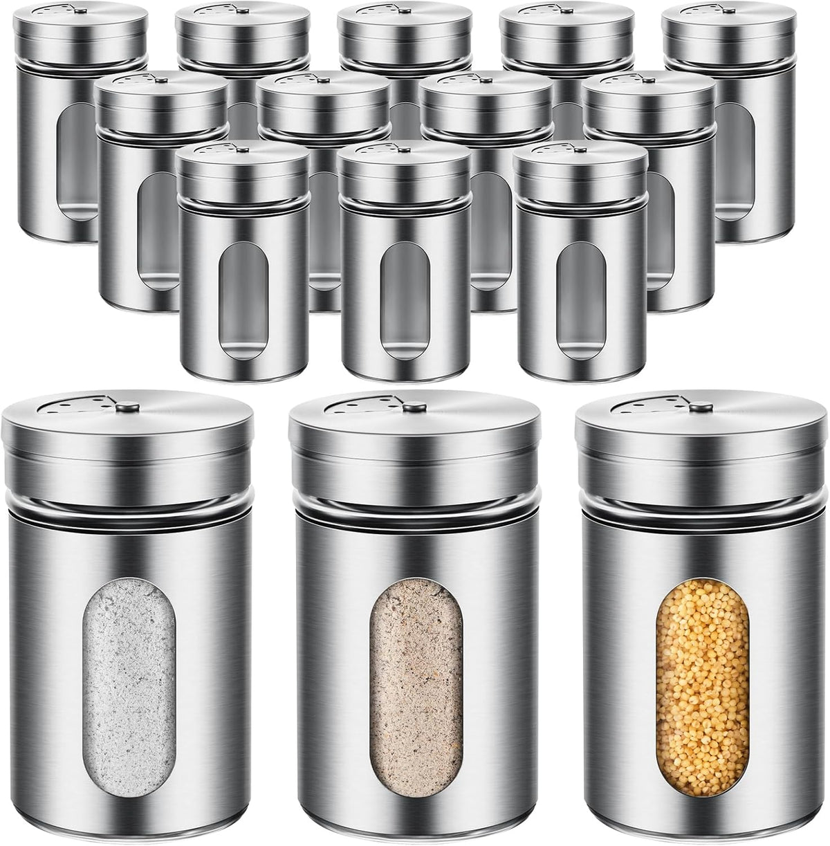 Dandat 12 Pcs Salt and Pepper Shakers Stainless Steel Spice Shakers with Adjustable Pour Holes and Glass Window 3.4oz Salt Dispenser Spice Jars with