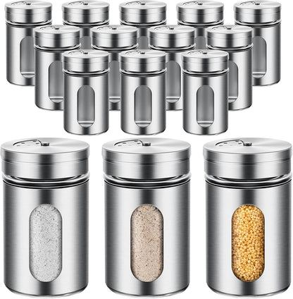 Dandat 12 Pcs Salt and Pepper Shakers Stainless Steel Spice Shakers with Adjustable Pour Holes and Glass Window 3.4oz Salt Dispenser Spice Jars with