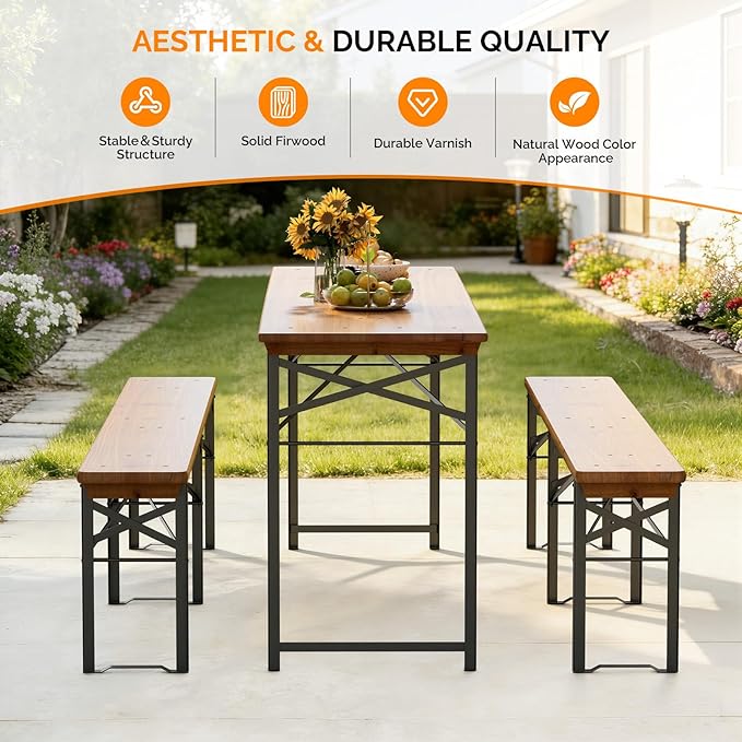 VINGLI 70 Inch Folding Picnic Tables with Benches Set, Weather-Resistant Wooden Beer Garden Table Bench, 3-Piece Portable Fold Up Camping BBQ Table,Walnut Color